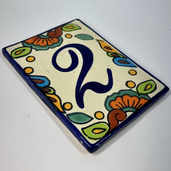 Mexican Talavera Hacienda Tile Address House Number 2 Two Floral 4x5.5” - Picture 2 of 4